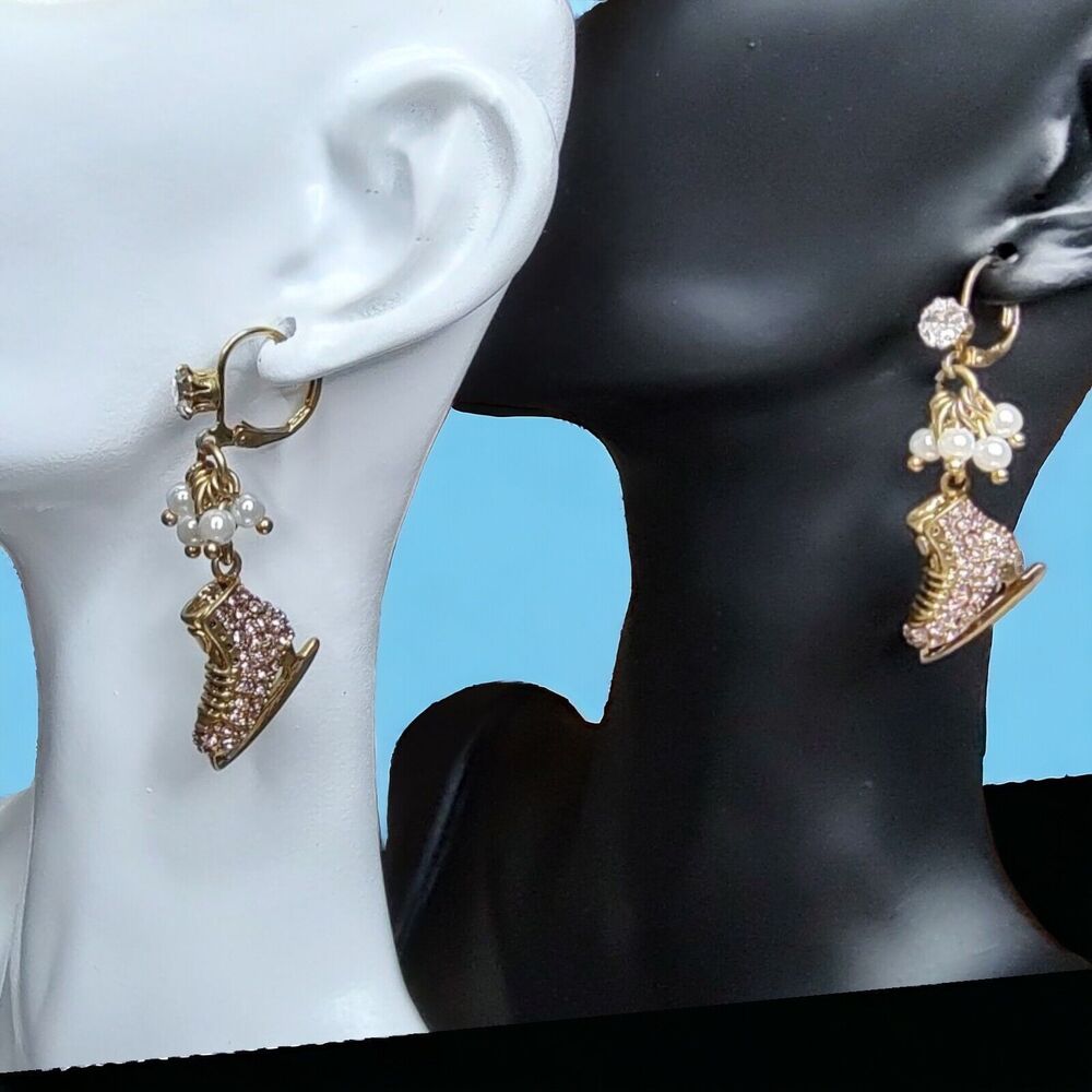 NEW Betsey Johnson Vintage Winter Glam Pink Crystal Ice Skates Holiday Earrings - Picture 2 of 9